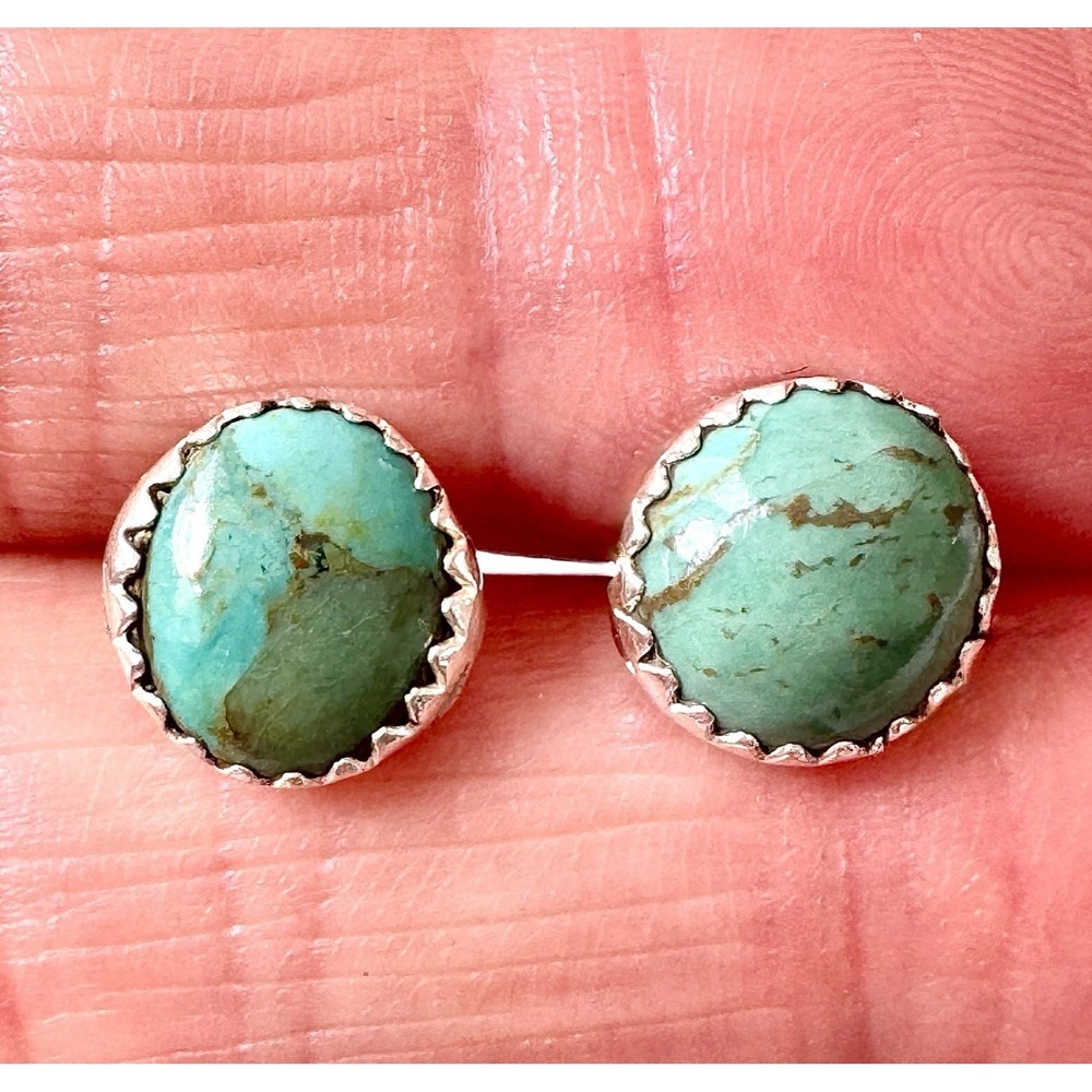 Navajo Turquoise Stud Earrings Sterling Silver 925 Small 10mm Pierced Handmade